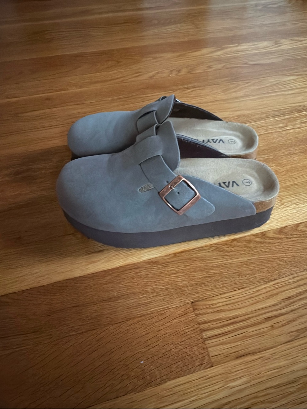 Vaneli Gray Suede Platform Clogs with Buckle